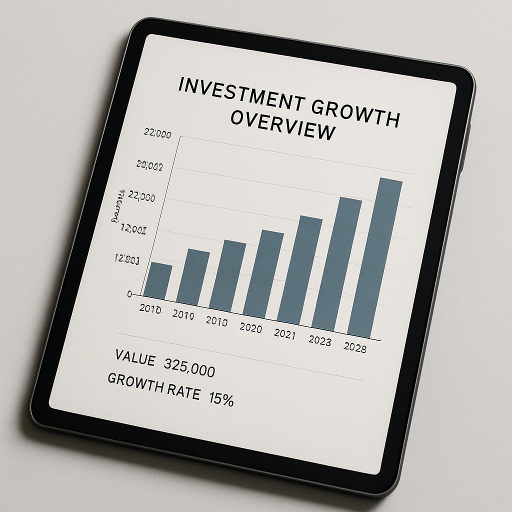 This tablet displays an investment growth overview from 2010 to 2028, featuring a bar chart with a solid gray background a...