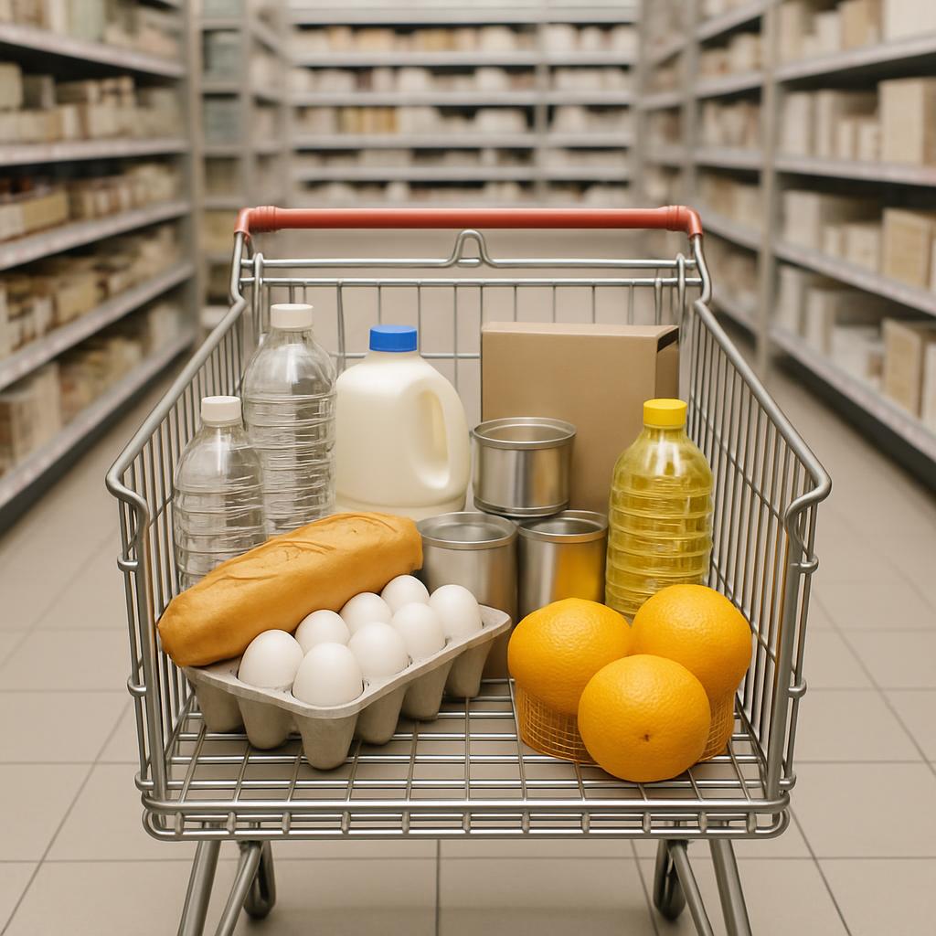 A shopping cart in an aisle filled with groceries, including eggs, oranges, milk, and bread.